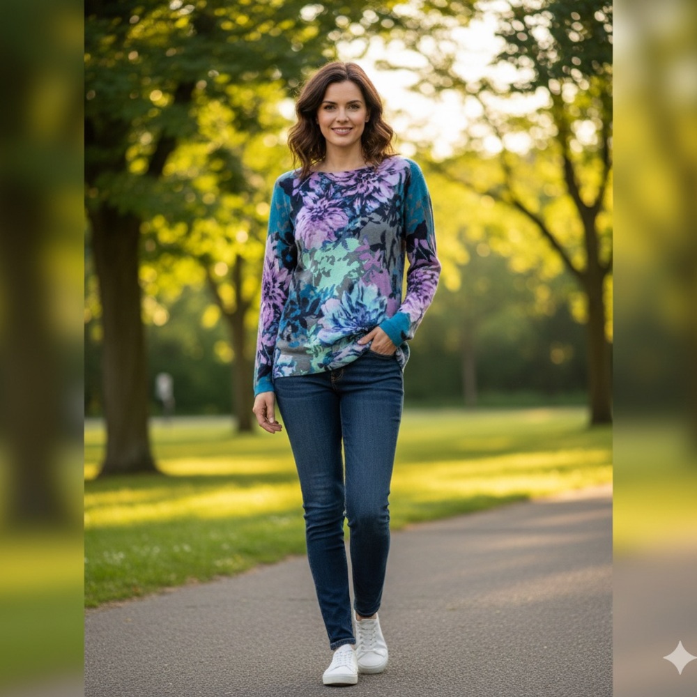 Talbots Women's Pure Merino Wool Purple & Blue Floral Sweater Size Medium